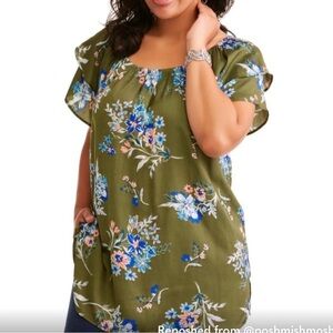 Plus Size Peasant Top Floral On / Off Shoulder Blue orange green Size: 2X 20W